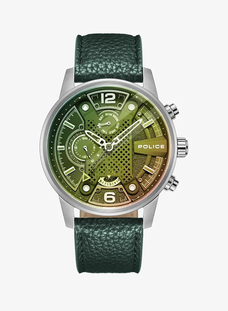 Police Lanshu 48mm Men's Multifunction Watch with Green Leather Strap