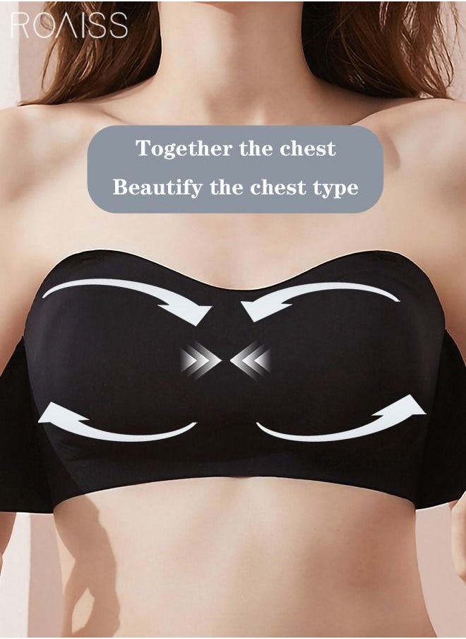 roaiss - Women's Strapless Bralette Tube Top Bras Lightweight Gathered Seamless Low-cut Backless for Wedding Dress Air Invisible Bra Sweet Comfort Underwear Soft Push Up Lingerie Black - Image 1