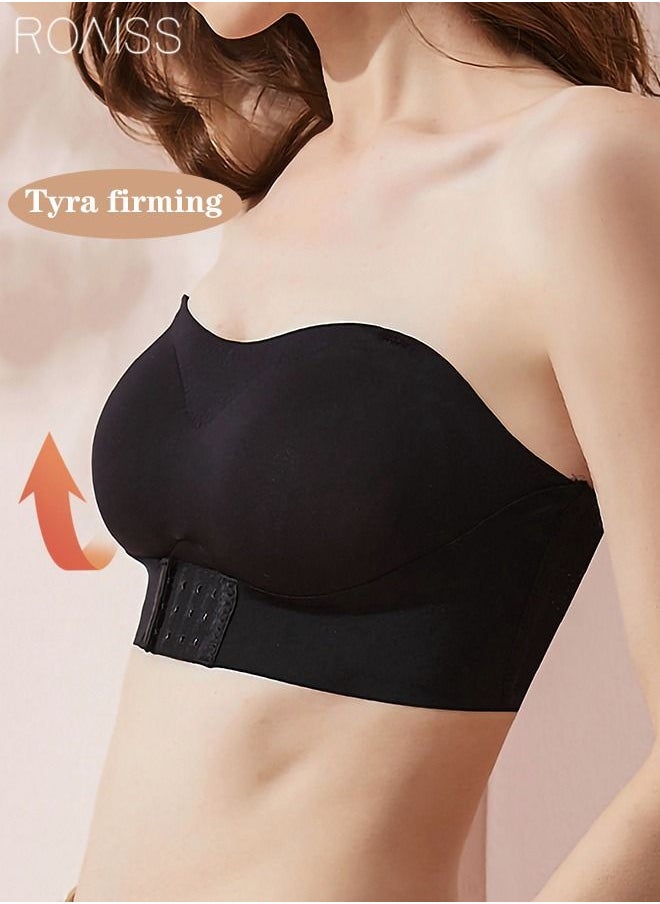 roaiss - Women's Strapless Bralette Tube Top Bras Lightweight Gathered Seamless Low-cut Backless for Wedding Dress Air Invisible Bra Sweet Comfort Underwear Soft Push Up Lingerie Black - Image 1
