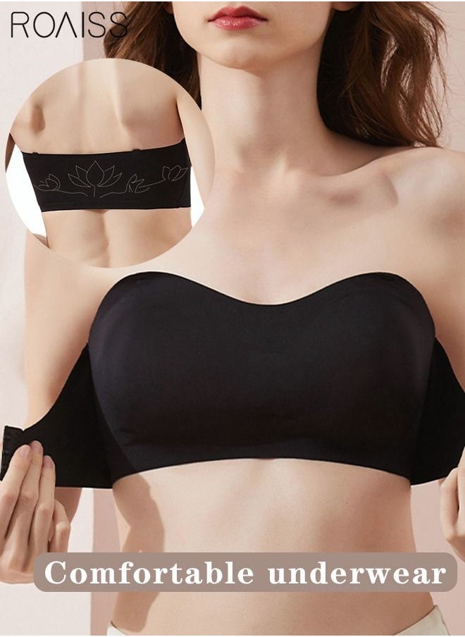 roaiss - Women's Strapless Bralette Tube Top Bras Lightweight Gathered Seamless Low-cut Backless for Wedding Dress Air Invisible Bra Sweet Comfort Underwear Soft Push Up Lingerie Black - Image 1