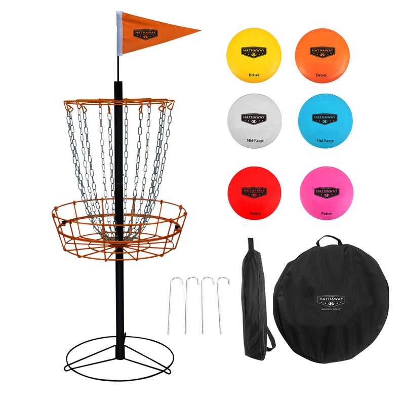 Hathaway 6-Player Disc Golf Set for Family â€“ Frisbee Golf Basket with Weighted Discs, Sturdy Pole & Base, Chains, Anchors, Flag, Carry Bag â€“ Complete Frisbee Golf Discs Set - Image 1