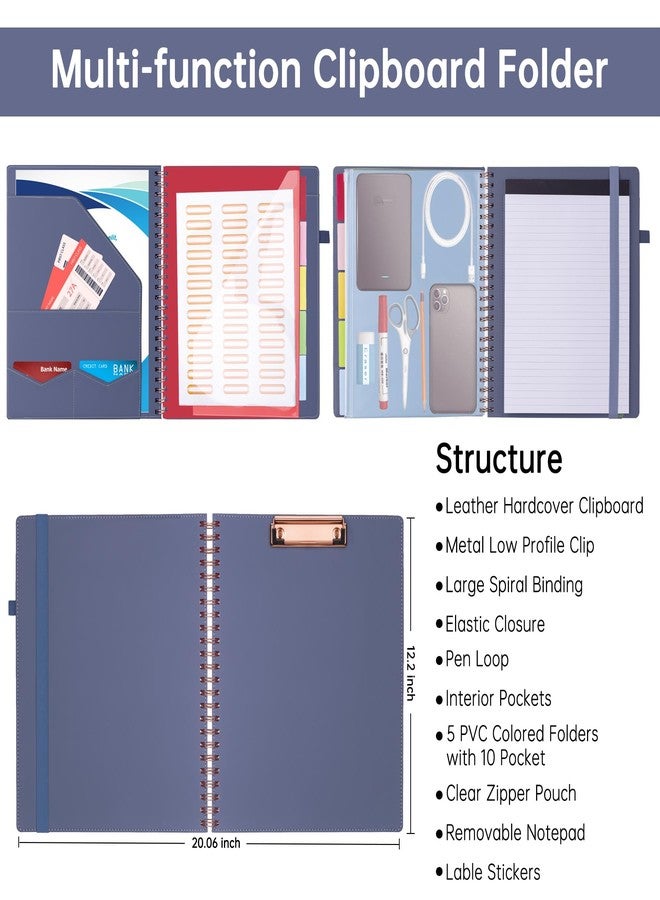 HAUTOCO Leather Clipboard Folio with Storage Zipper Pouch, Notepad, Business Card Holder, 5 Divider with 10 Pocket, File Folder Label, Pen Loop, Elastic Strap, Spiral Padfolio Clipboard, Purple Gray - Image 2
