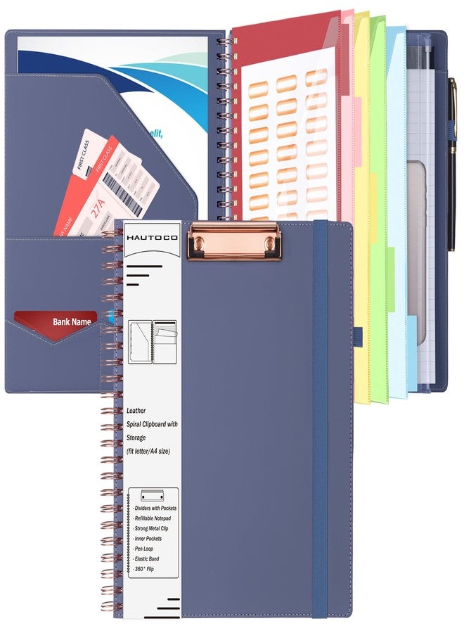 HAUTOCO Leather Clipboard Folio with Storage Zipper Pouch, Notepad, Business Card Holder, 5 Divider with 10 Pocket, File Folder Label, Pen Loop, Elastic Strap, Spiral Padfolio Clipboard, Purple Gray - Image 1