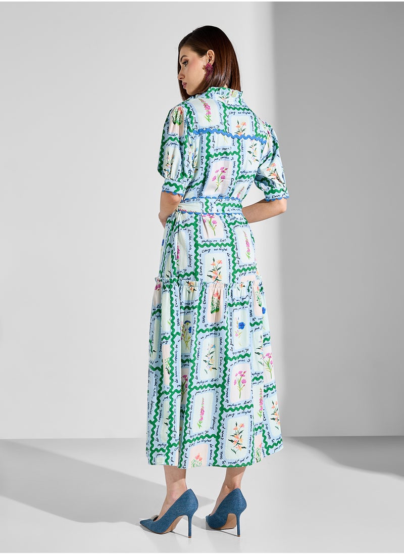 Hope & Ivy - Puff Sleeve Midi Shirt Dress with Lace Trims - Image 1
