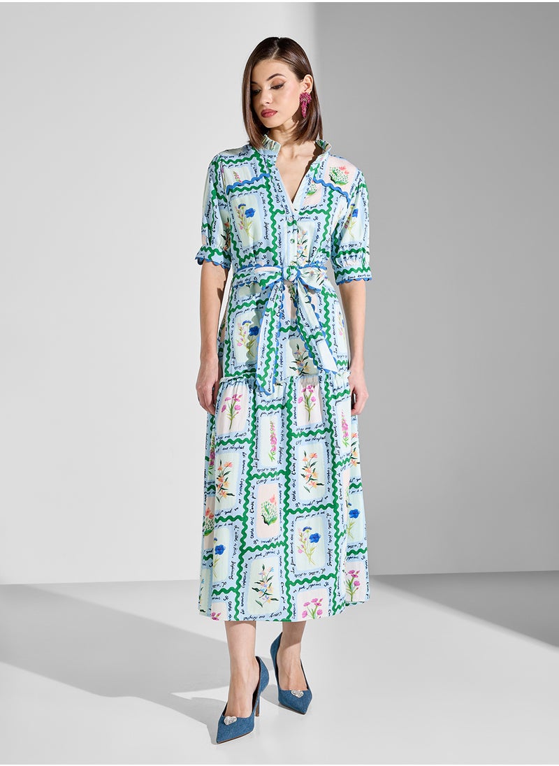 Hope & Ivy - Puff Sleeve Midi Shirt Dress with Lace Trims - Image 1
