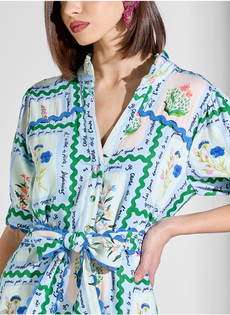 Hope & Ivy - Puff Sleeve Midi Shirt Dress with Lace Trims - Image 1