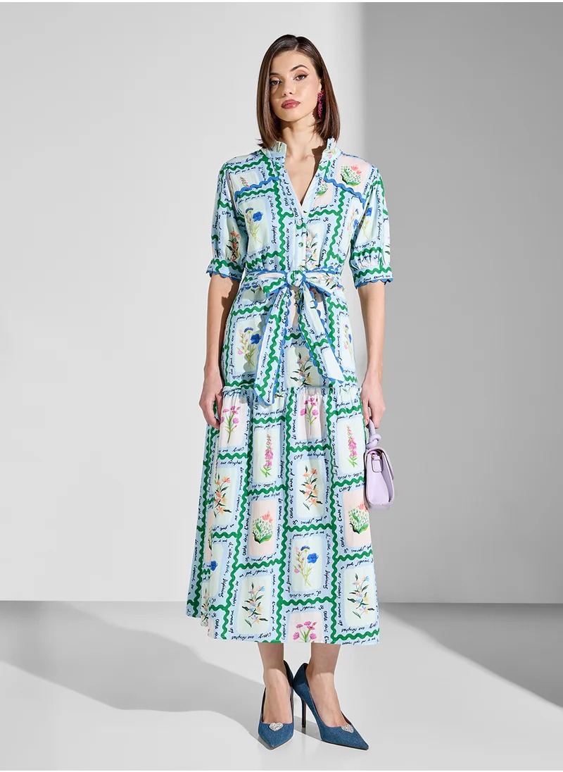 Hope & Ivy Puff Sleeve Midi Shirt Dress with Lace Trims
