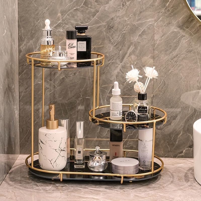 Antole Bathroom Organizer Countertop,Vanity Tray Shelf,Bathroom Organizer Makeup Organizer,Bathroom Organizers and Storage, Cosmetic Shelf for Perfume,Dresser,Toiletries (3Tier-Black Gold) - Image 2