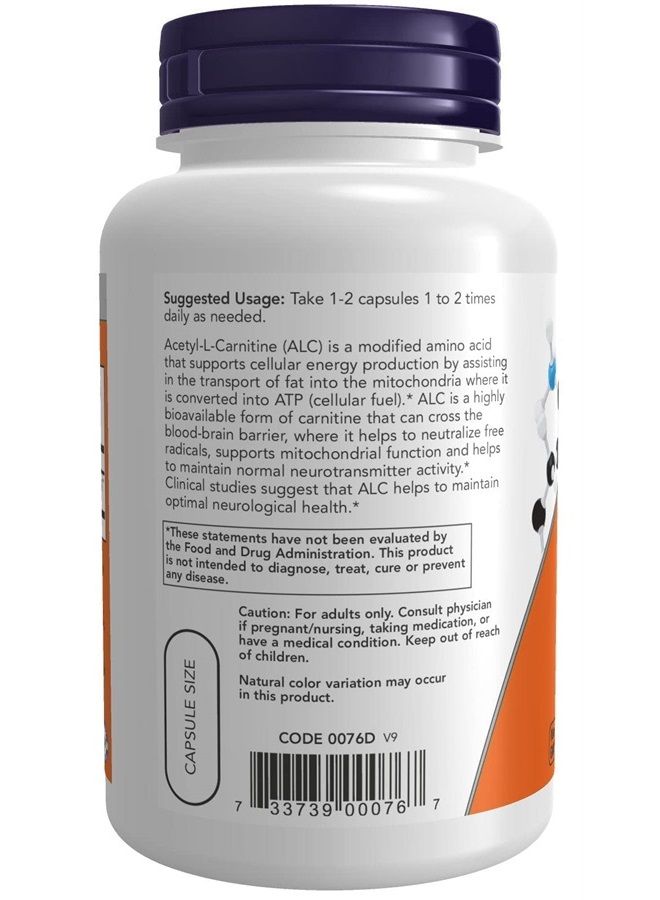 Now Foods Acetyl L-Carnitine 500 mg 100 caps - Image 3