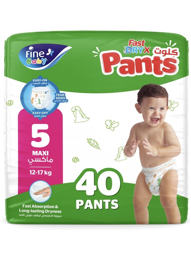 Fine Baby FastDryX Pants, Size 5 Maxi (12-17 kg), 40 Count – Pull-Up Pants, Instant Dry & 12-Hour Protection