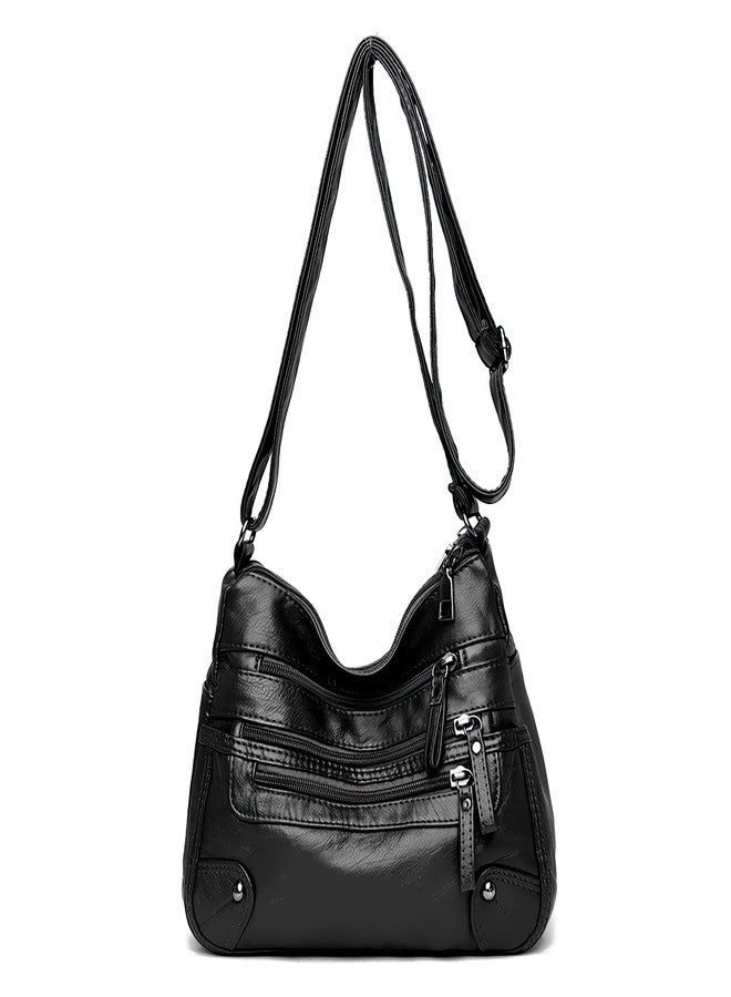 WITERY Small Crossboby Bag for Women - Soft PU Leather Purses Multi-Pocket Shoulder Bag Handbag with Adjustable Strap, Vintage Ladies Medium Roomy Travel Purses Zipper Hobo Totes (Black) - Image 1