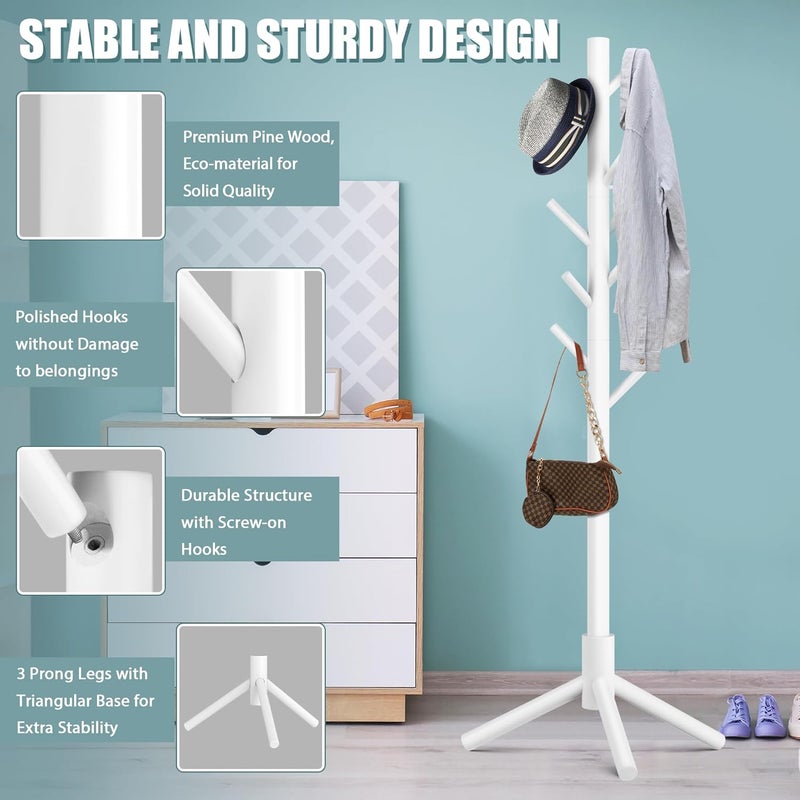 Haddockway Wooden Coat Rack Stand with 8 Hooks New Zealand Pine Adjustable Coat Standing Tree Easy Assembly for Coats, Hats, Scarves and Handbags for Entryway, Hallway, Bedroom, Office,2 PCS - Image 3