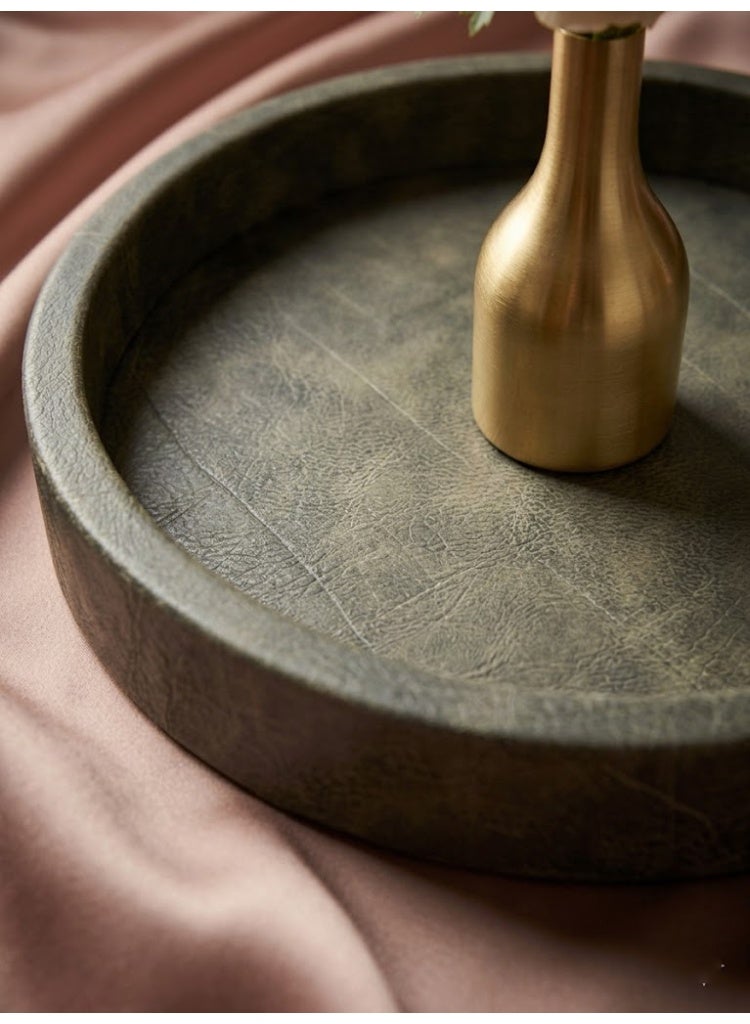 Premium Round Leather Decorative Tray, Olive Green - Image 5