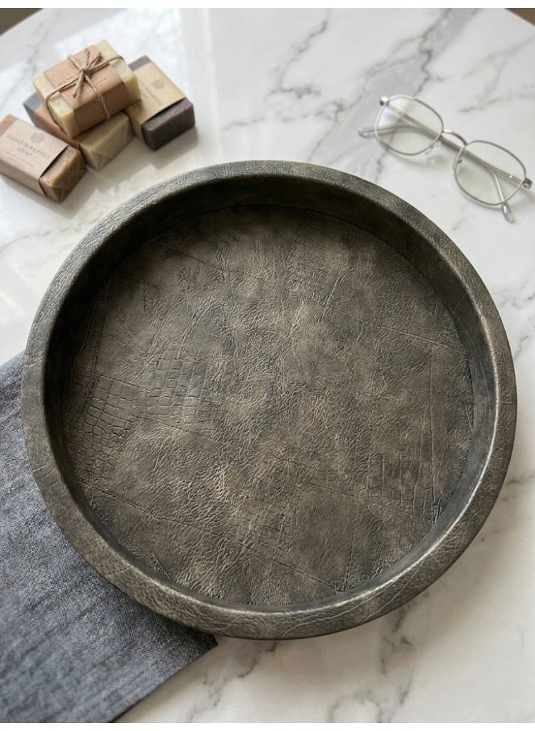 Premium Round Leather Decorative Tray, Olive Green - Image 3