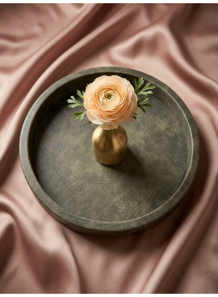 Premium Round Leather Decorative Tray, Olive Green - Image 4