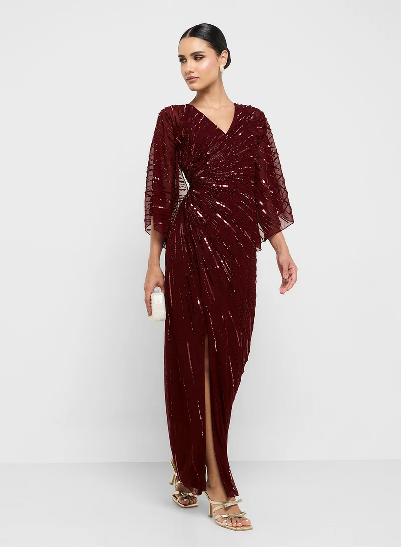 Amelia Rose Side Slit Flared Sleeve Sequin Dress