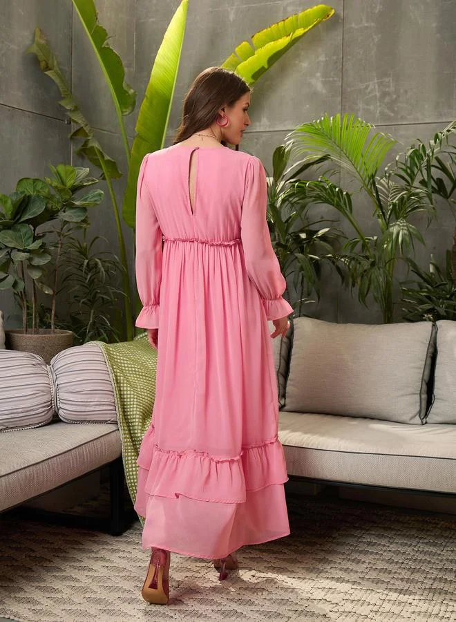 SASSAFRAS Sassafras Pink Layered Frill Hem Maxi Dress