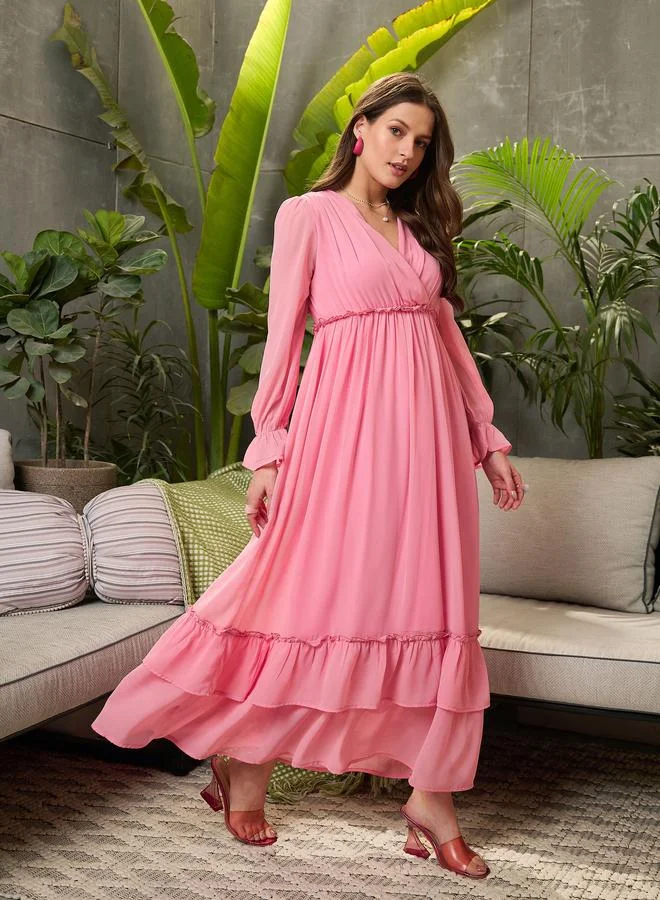 SASSAFRAS Sassafras Pink Layered Frill Hem Maxi Dress