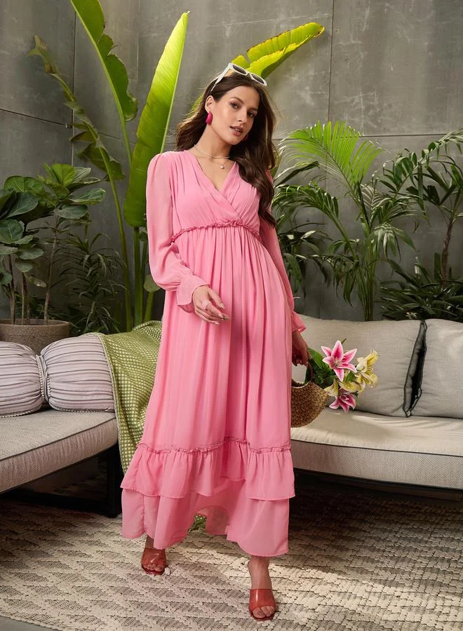 SASSAFRAS Sassafras Pink Layered Frill Hem Maxi Dress
