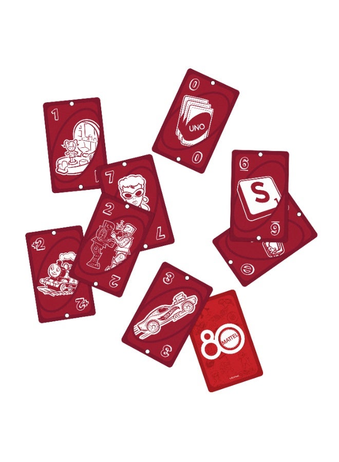 Mattel Games لعبة بطاقات أونو ماتيل 80th روبي ريد للأطفال، البالغين وليالي العائلة، ليالي الألعاب، السفر، التخييم والحفلات. - Image 2