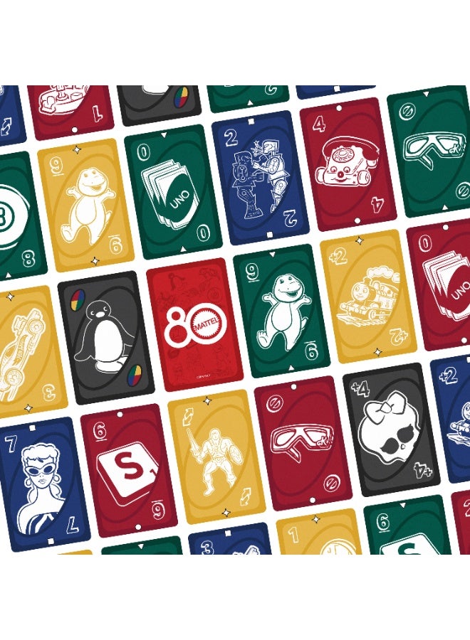 Mattel Games لعبة بطاقات أونو ماتيل 80th روبي ريد للأطفال، البالغين وليالي العائلة، ليالي الألعاب، السفر، التخييم والحفلات. - Image 4