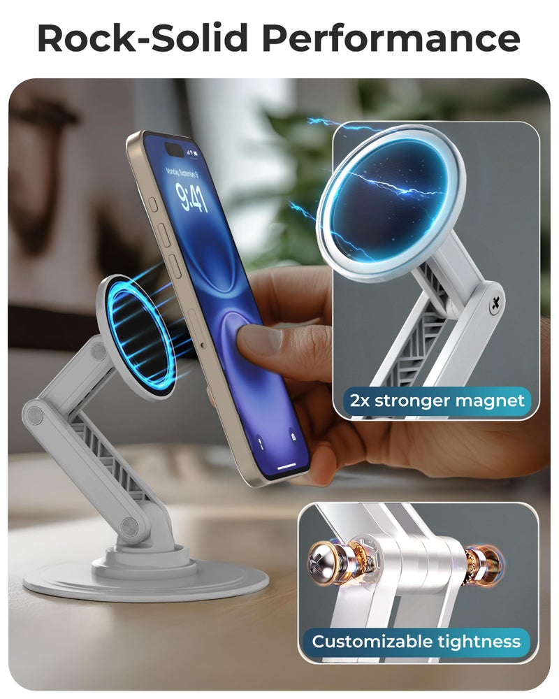 COOPER Mag360, Desktop MagSafe Stand for iPhone 17 Pro Max (16/15/14/13/12), Magnetic Phone Holder for Desk, 360Â° Rotating, Height Adjustable, Magnetic Phone Stand for Desk, with Metal Ring (White) - Image 4