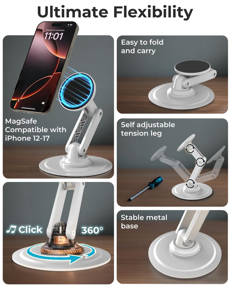 COOPER Mag360, Desktop MagSafe Stand for iPhone 17 Pro Max (16/15/14/13/12), Magnetic Phone Holder for Desk, 360Â° Rotating, Height Adjustable, Magnetic Phone Stand for Desk, with Metal Ring (White) - Image 3