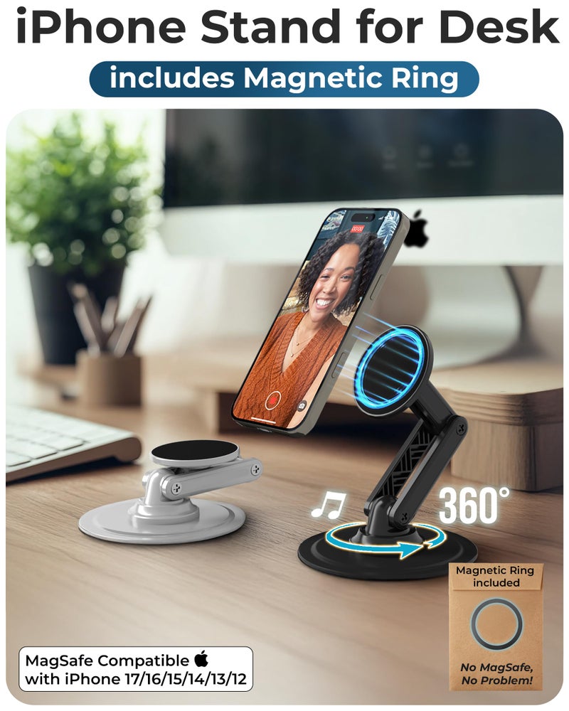 COOPER Mag360, Desktop MagSafe Stand for iPhone 17 Pro Max (16/15/14/13/12), Magnetic Phone Holder for Desk, 360Â° Rotating, Height Adjustable, Magnetic Phone Stand for Desk, with Metal Ring (White) - Image 2