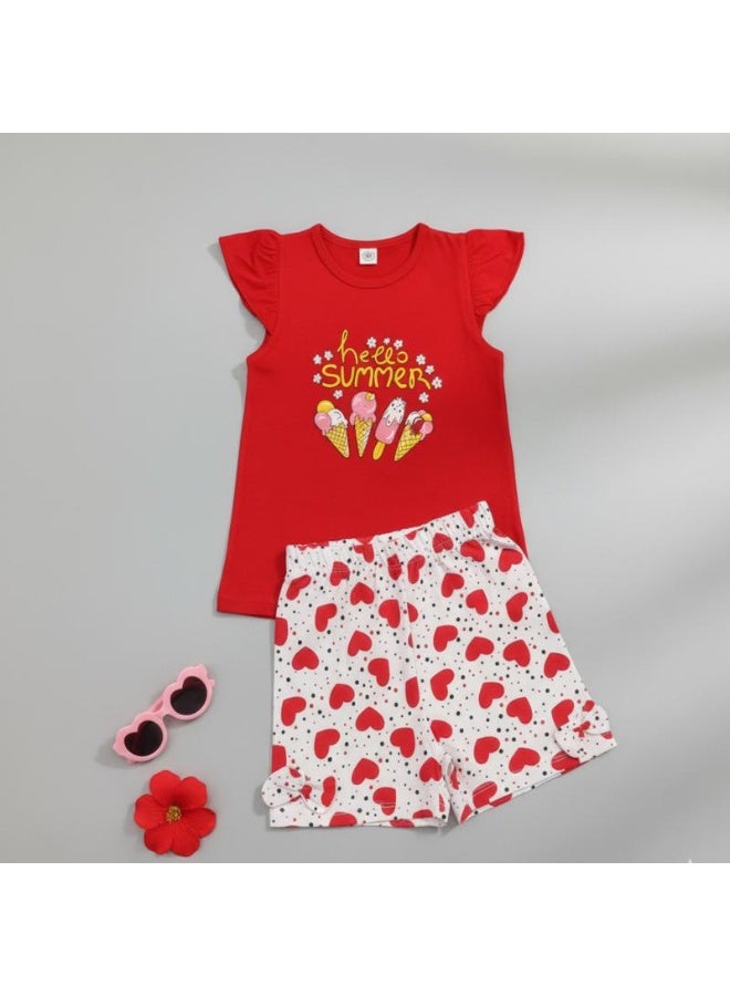LOOFI Kids' set of two pieces: T-shirt and shorts with small red heart print - Image 1