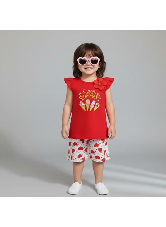 LOOFI Kids' set of two pieces: T-shirt and shorts with small red heart print - Image 2