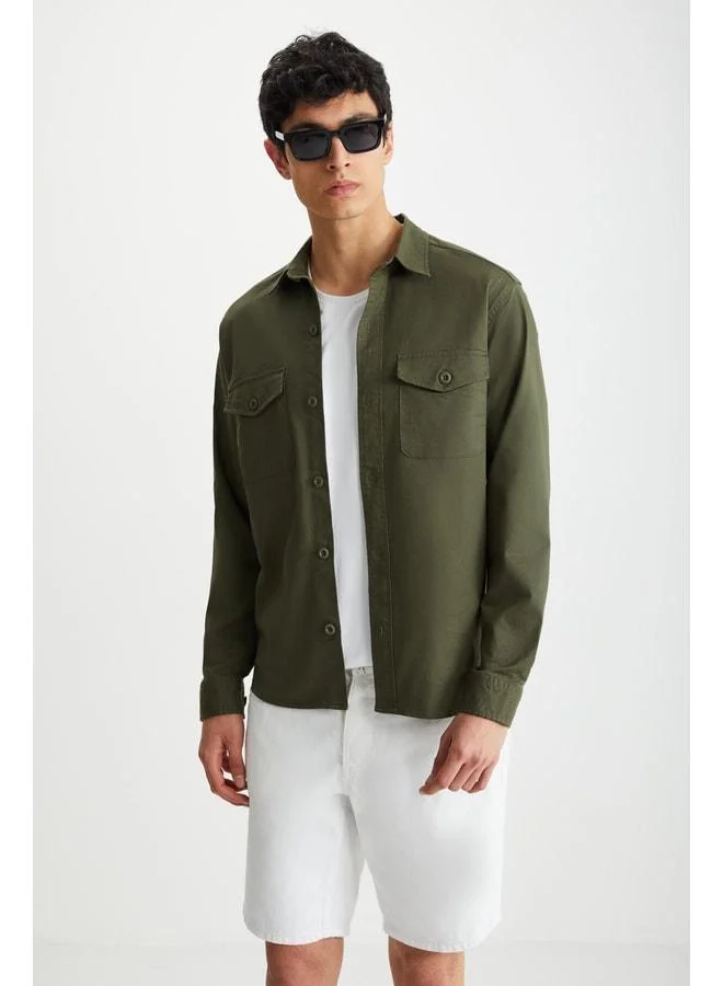 GRIMELANGE Nader Men's Thick Woven Canvas Fabric Shirt-Style Khaki Jacket.