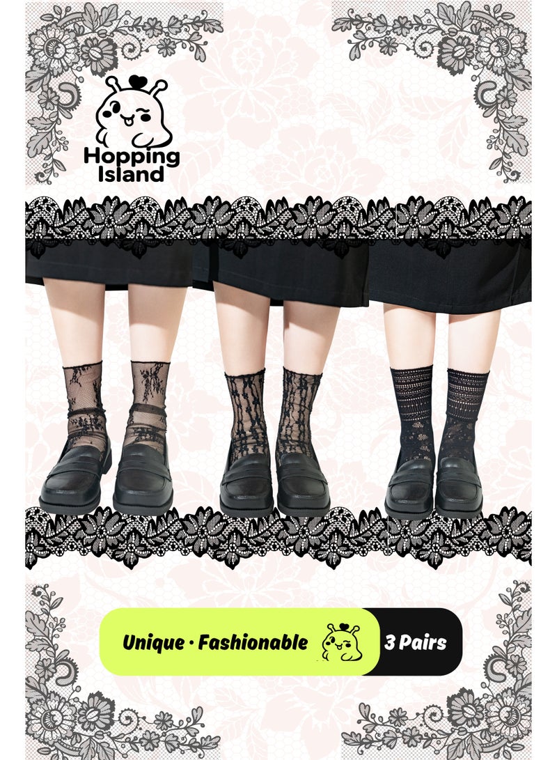 Hopping Island Floral Socks For Ladies Lace Mesh Socks Black Set - Image 1