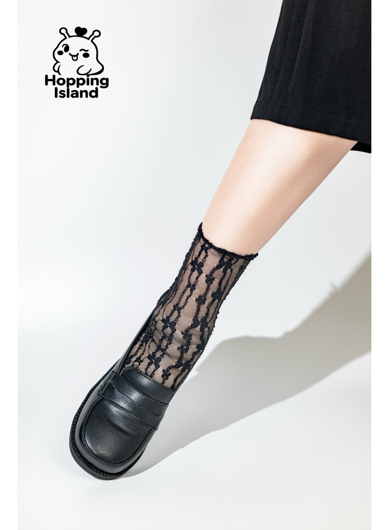 Hopping Island Floral Socks For Ladies Lace Mesh Socks Black Set - Image 4