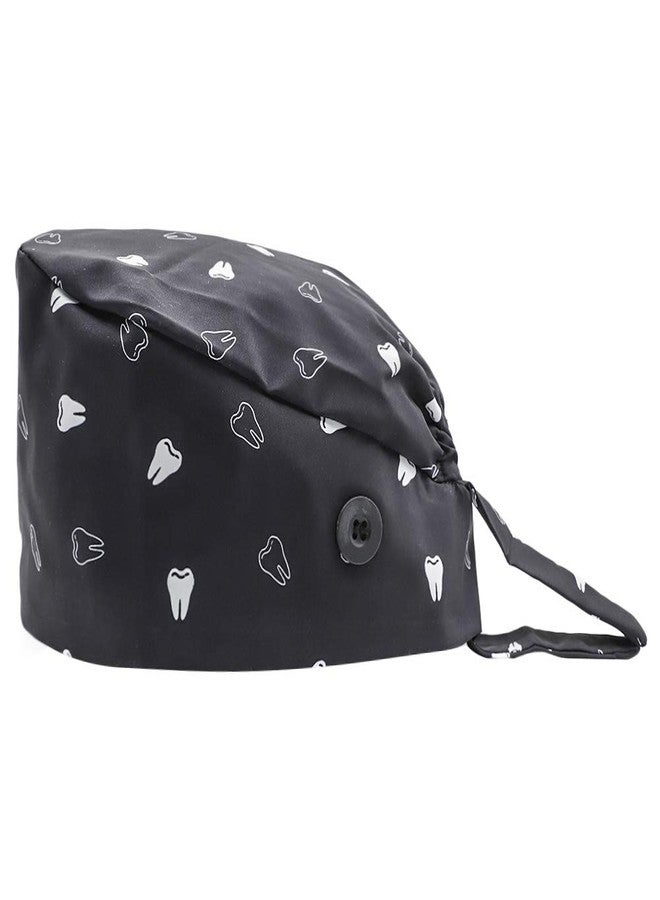 LUCKYBUNNY Gourd-Shaped Working Cap with Button, Adjustable Tie Back Hat Sweatband Hair Cover for Women Men, Multiple Color (Cute Tooth - Black) - Image 1