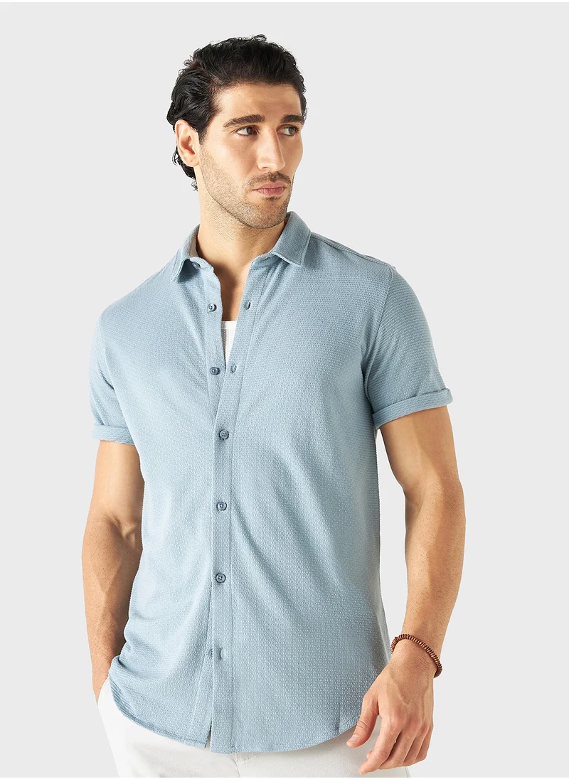 ايكونيك Iconic Textured Shirt with Spread Collar and Short