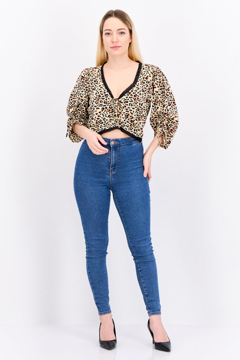 Wednesday's Girl Women Tie Neck Line Elbow Sleeves Animal Print Blouse, Beige  - Image 3