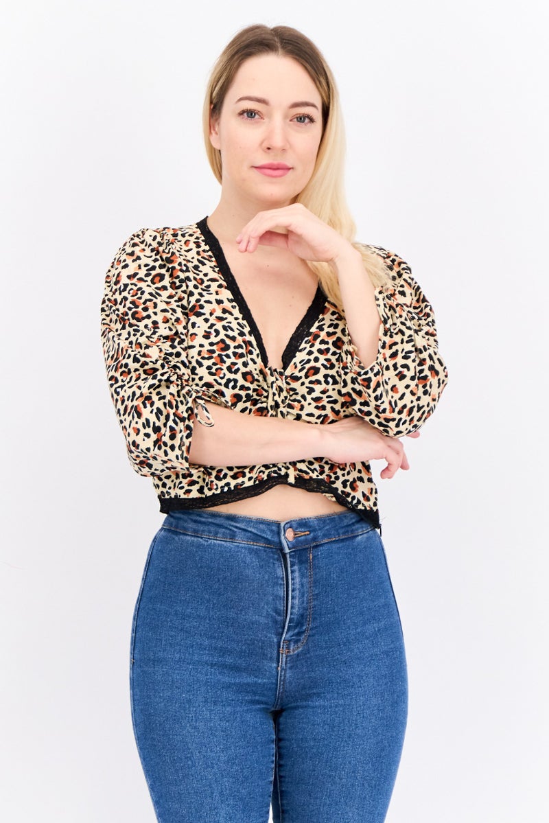 Wednesday's Girl Women Tie Neck Line Elbow Sleeves Animal Print Blouse, Beige  - Image 1