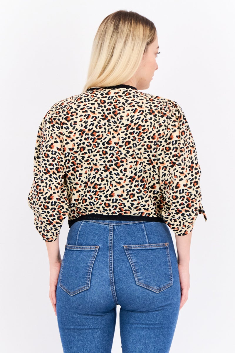Wednesday's Girl Women Tie Neck Line Elbow Sleeves Animal Print Blouse, Beige  - Image 2