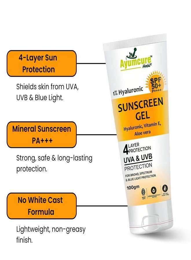 Ayumcure 1% Hyaluronic Sunscreen Aqua Gel 100 gm SPF 50 PA++++ | With Vitamin E & Aloe Vera | Ultra-Lightweight, Non-Greasy | Spectrum UVA/UVB & Blue Light Protection | For Oily & Dry Skin (Pack of 2) - Image 2