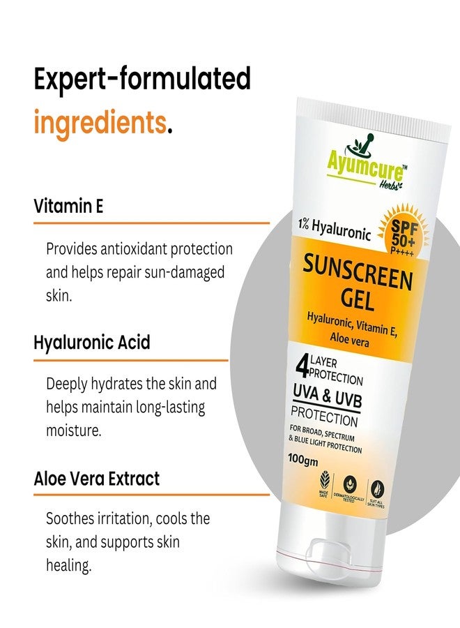 Ayumcure 1% Hyaluronic Sunscreen Aqua Gel 100 gm SPF 50 PA++++ | With Vitamin E & Aloe Vera | Ultra-Lightweight, Non-Greasy | Spectrum UVA/UVB & Blue Light Protection | For Oily & Dry Skin (Pack of 2) - Image 4