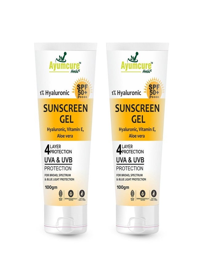 Ayumcure 1% Hyaluronic Sunscreen Aqua Gel 100 gm SPF 50 PA++++ | With Vitamin E & Aloe Vera | Ultra-Lightweight, Non-Greasy | Spectrum UVA/UVB & Blue Light Protection | For Oily & Dry Skin (Pack of 2) - Image 1