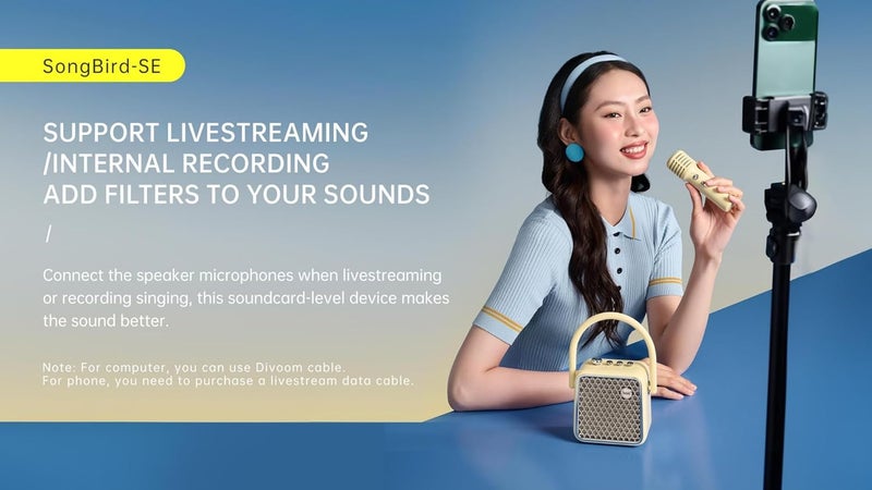 Divoom SongBird-SE 18W Bluetooth Speaker with Dual Wireless Microphones Bluetooth 5.2 AUX MicroSD Wired Input Built-in Mic 8H Playtime Compact Karaoke Design Speaker - Yellow - Image 5