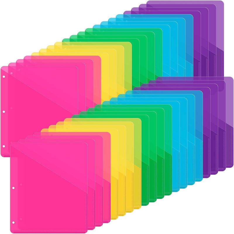 Maitys 50 Pack Binder Pockets 3 Hole Punch Clear Plastic Document Folders Binder Organizer Store Letter Size 8.5x11 Inch Paper Folders with Pockets Slash File Jacket for Office (Fluorescent Color) - Image 1
