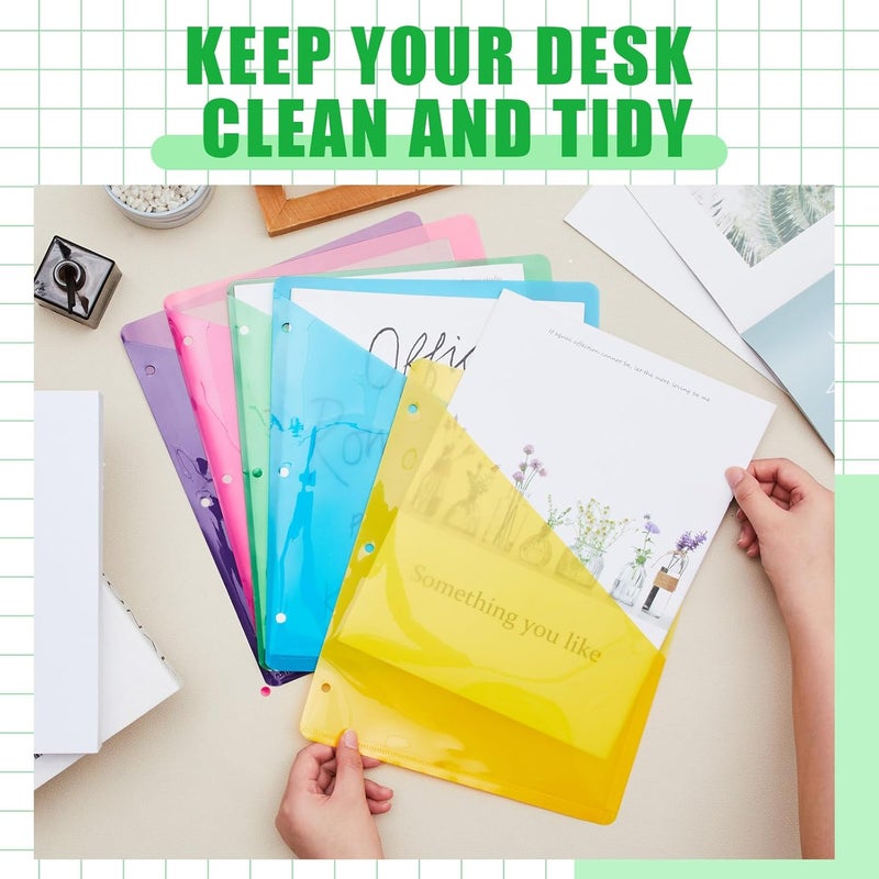 Maitys 50 Pack Binder Pockets 3 Hole Punch Clear Plastic Document Folders Binder Organizer Store Letter Size 8.5x11 Inch Paper Folders with Pockets Slash File Jacket for Office (Fluorescent Color) - Image 5