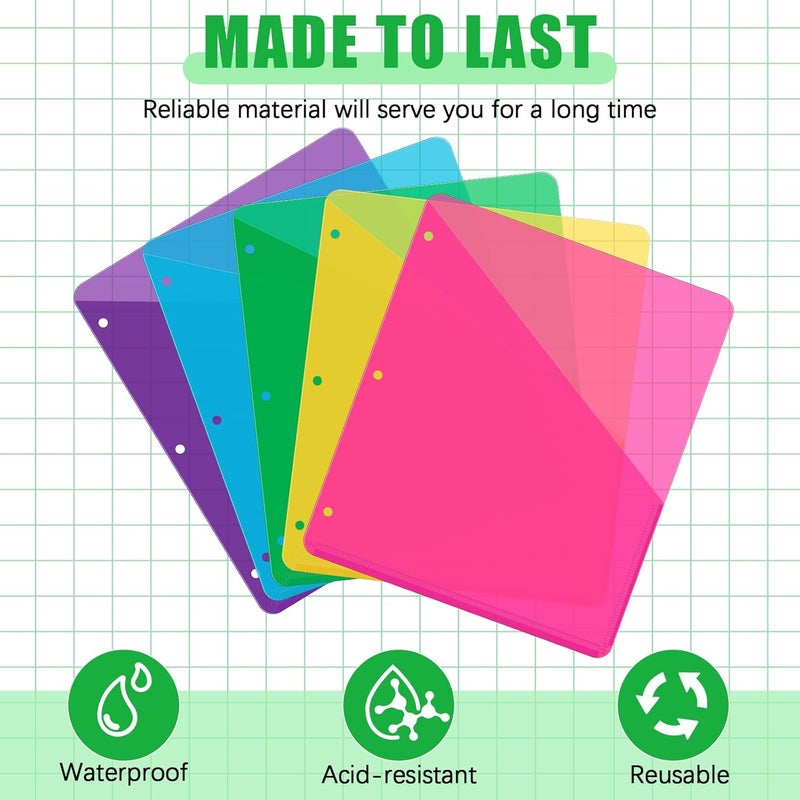 Maitys 50 Pack Binder Pockets 3 Hole Punch Clear Plastic Document Folders Binder Organizer Store Letter Size 8.5x11 Inch Paper Folders with Pockets Slash File Jacket for Office (Fluorescent Color) - Image 2