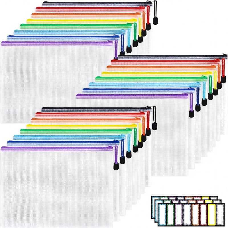 EOOUT 24pcs A4 Zipper Pouch Bags, Mesh Pouch Bags with Labels for Board Games & Puzzles Supplies, Waterproof Document Zipper Cases for School Toys Office Cosmetics Travel Storage,8 Colors - Image 1