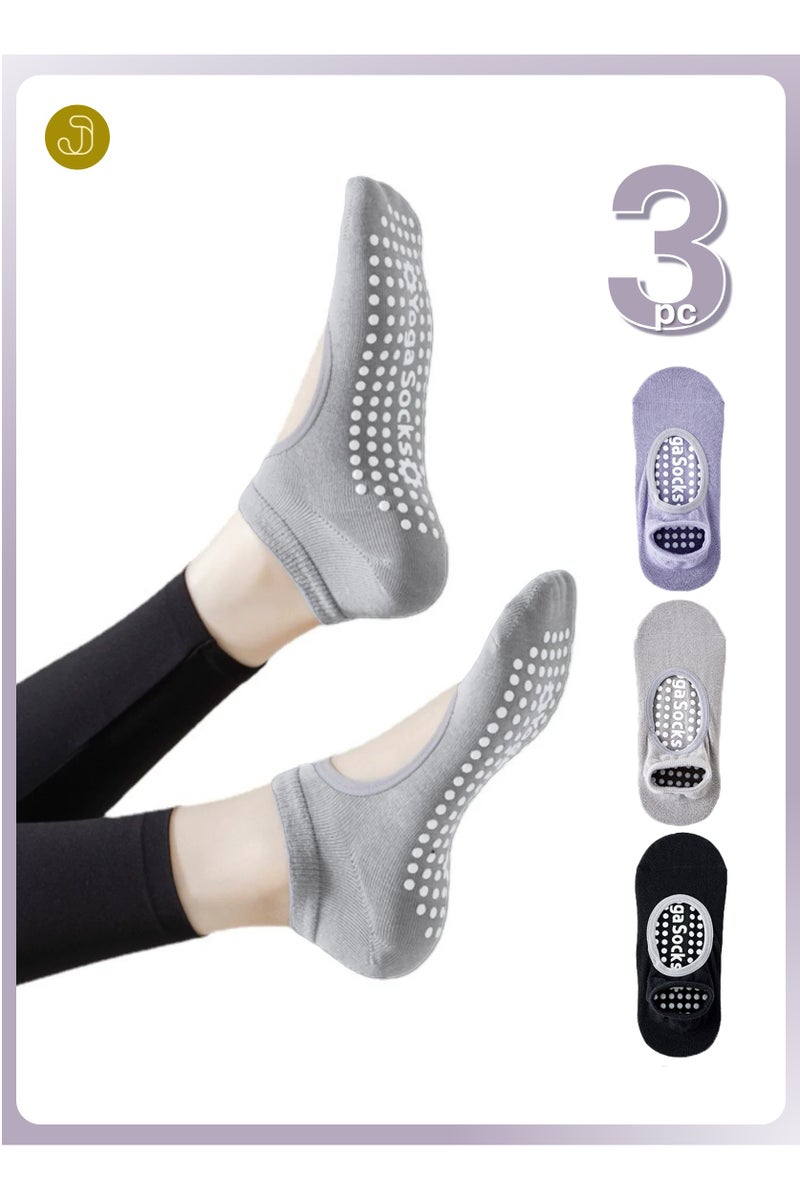 3-Pair Non-slip Yoga Socks, Cotton Pilates Socks, Breathable&Moisture-wicking&Machine-washable, Ideal for Yoga/Pilates/Ballet/Dance/Workout (Purple+Black+Grey)
