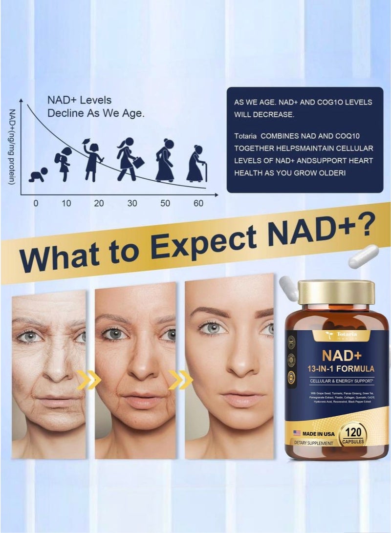 توتاريا مكمل NAD+ المضاد للشيخوخة - نيكوتيناميد ريبوسيد، ريسفيراترول والبيتين، يعزز الطاقة الخلوية والمناعة والتركيز، 120 كبسولة للنساء والرجال - Image 2