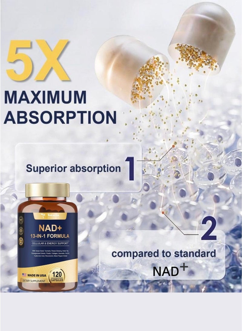 توتاريا مكمل NAD+ المضاد للشيخوخة - نيكوتيناميد ريبوسيد، ريسفيراترول والبيتين، يعزز الطاقة الخلوية والمناعة والتركيز، 120 كبسولة للنساء والرجال - Image 3