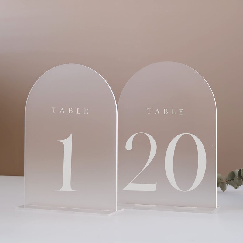 JINMURY Frosted Arch Table Numbers 120 for Wedding 20 Pack 5x7 Acrylic Signs With Holder Perfect for Centerpiece Decoration